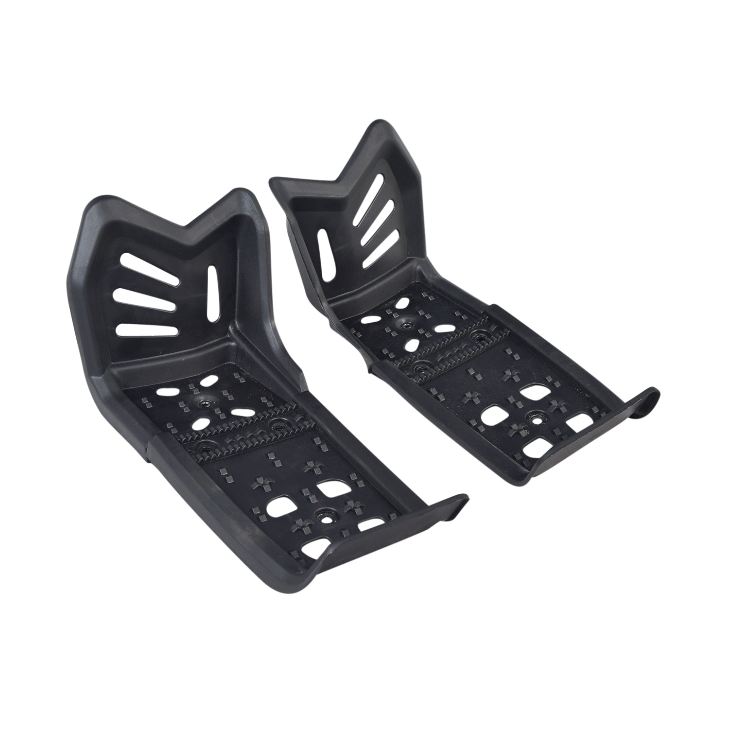 Foot Platform Set for the Pulse ATV Quad Ride-On, featuring four black plastic pieces with holes, including left, right, front, and rear platforms, alongside necessary hardware for assembly.