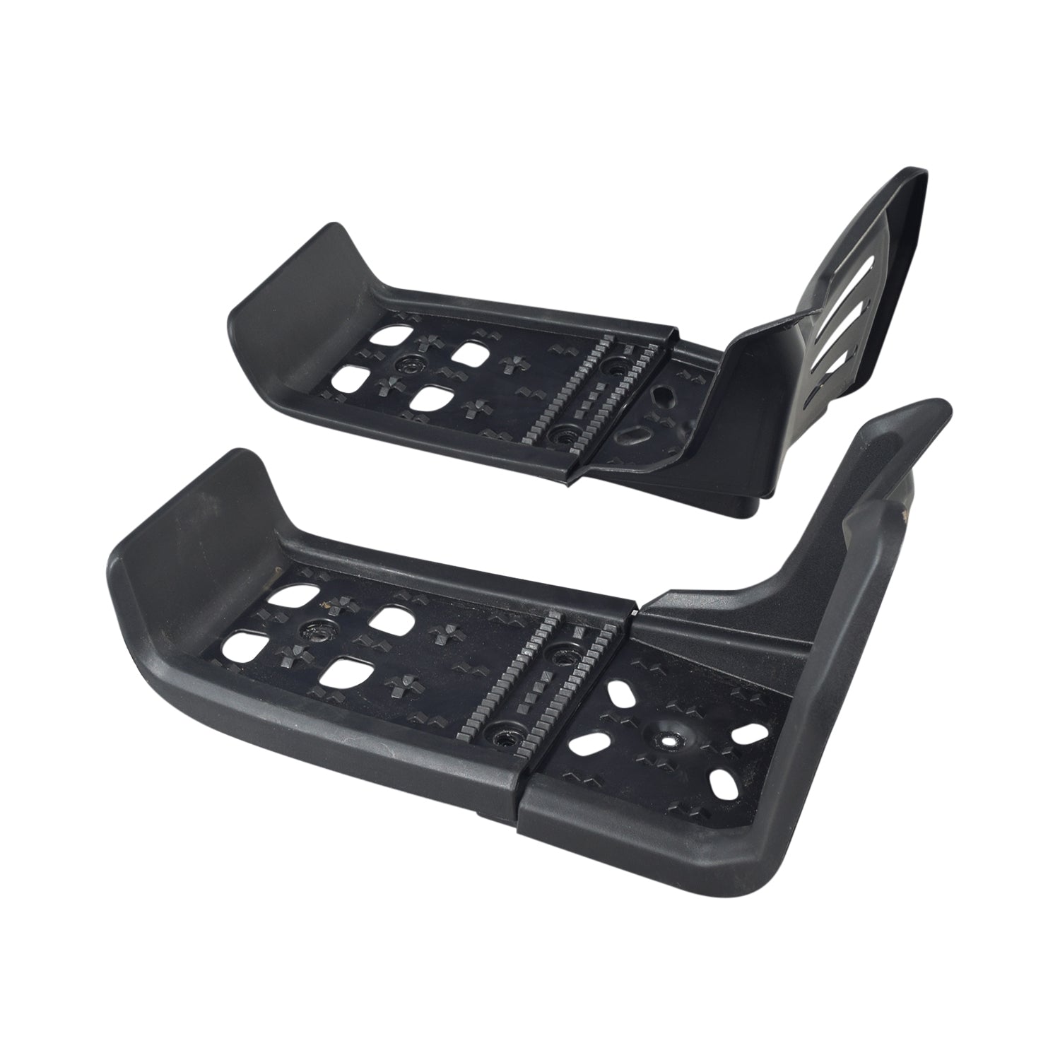 Foot Platform Set for the Pulse ATV Quad Ride-On, featuring four black plastic brackets with holes, includes both left and right sides, and front and rear platforms for secure attachment.