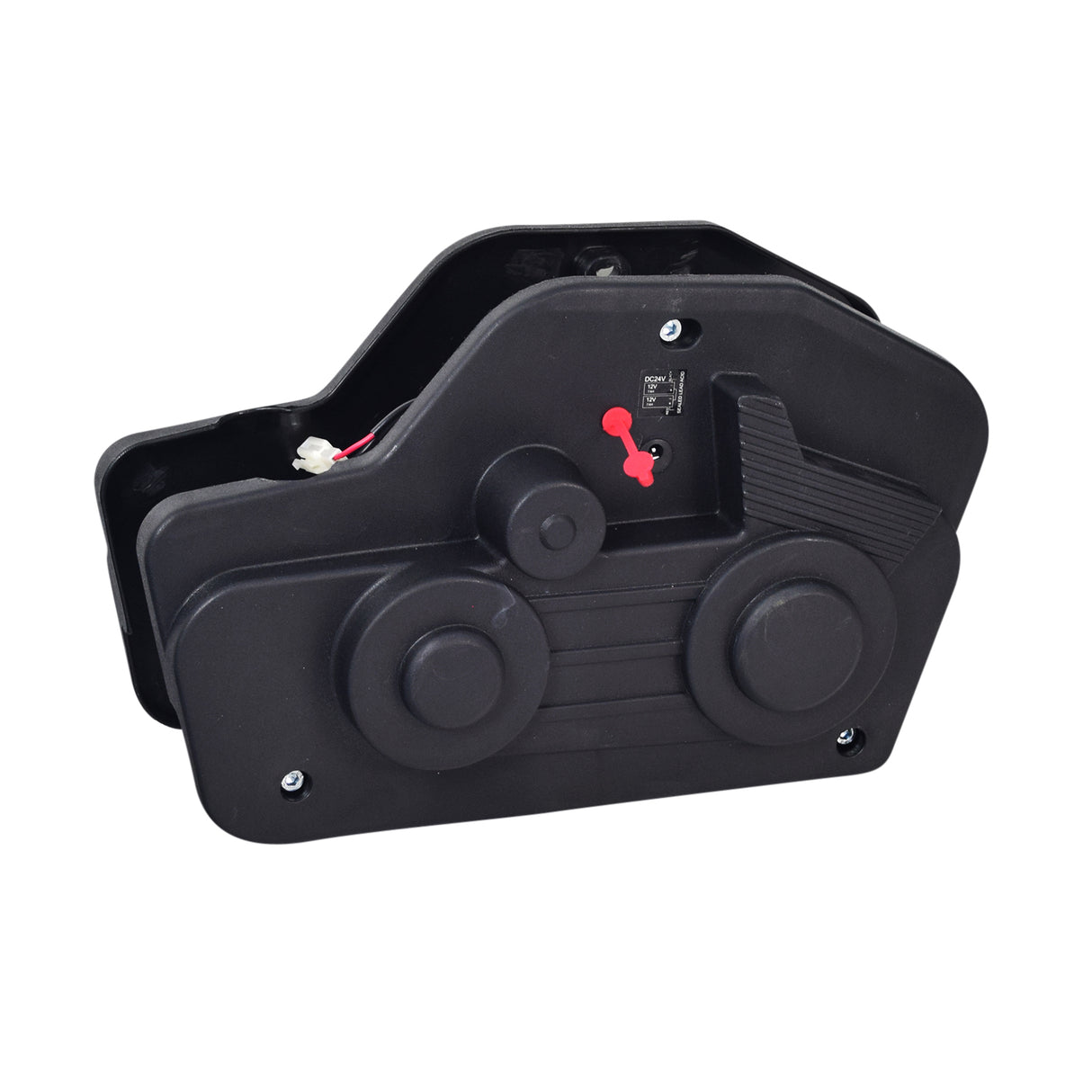 Motor Panel Set with Charger Port for the Pulse ATV Quad Ride-On, featuring black plastic motor guards and a red button, essential for protecting the ATV’s drive system.