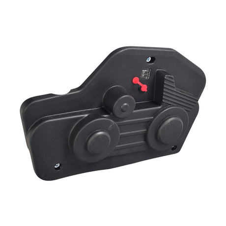 Motor Panel Set with Charger Port for the Pulse ATV Quad Ride-On featuring black plastic motor guards and a red button, designed to protect the ATV's drive system and includes a coaxial battery charger port.