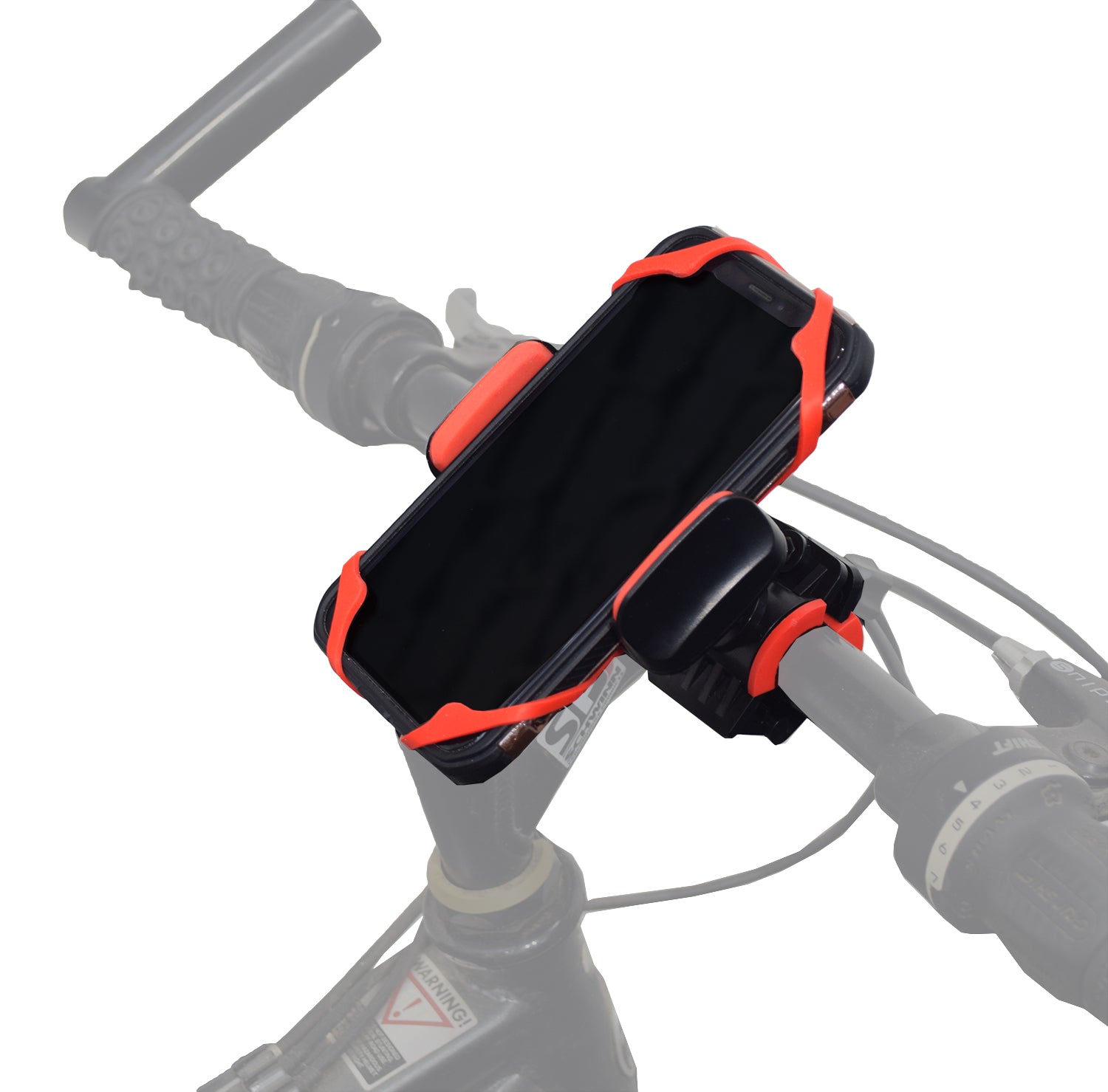 Universal Smartphone Holder for Bikes & Scooters securely mounted on a bike handlebar, holding a smartphone, demonstrating its versatility for various devices while riding.