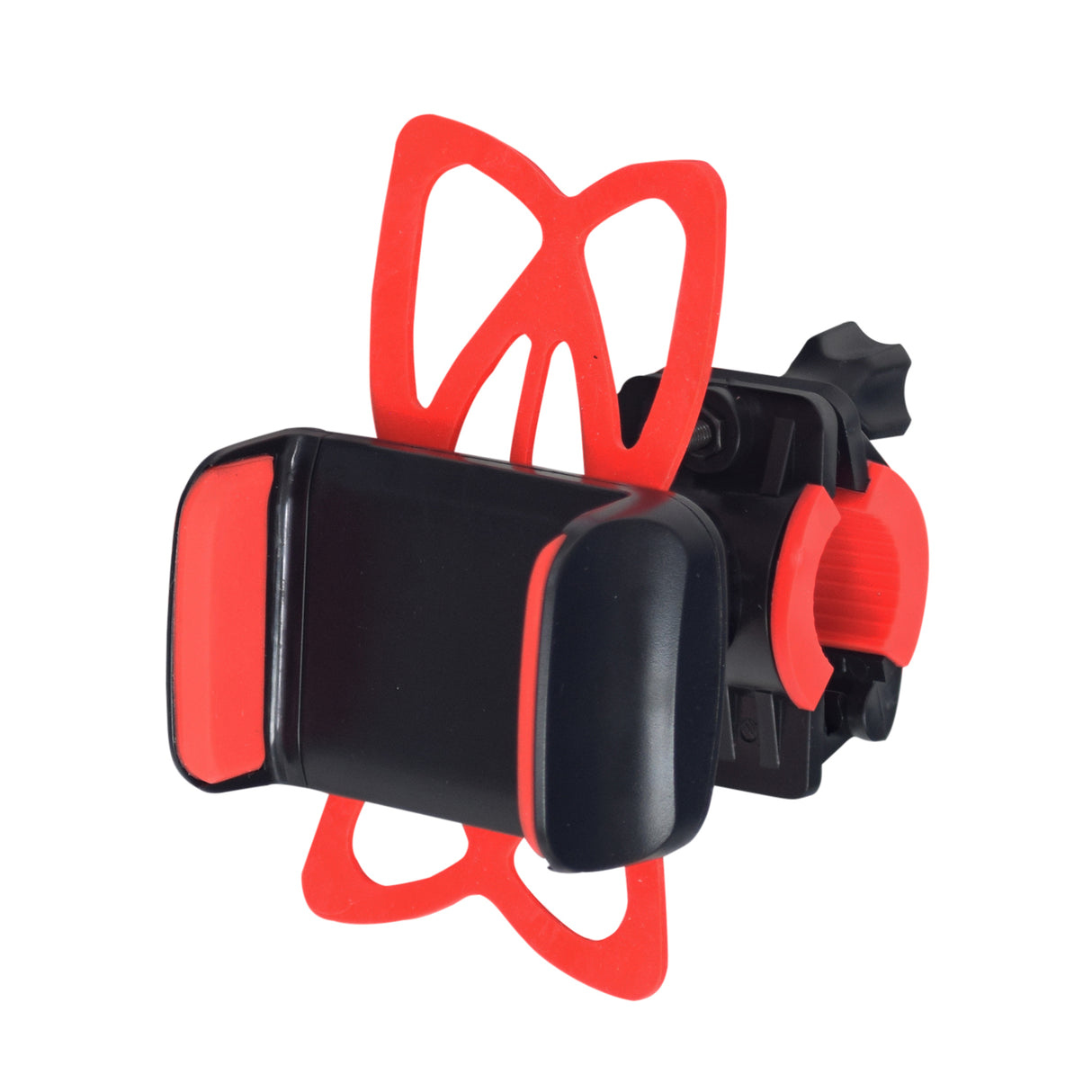 Universal Smartphone Holder for Bikes & Scooters featuring a secure, handlebar-mounted design with a red butterfly pattern, suitable for various devices like iPhones, GPS units, and MP3 players.