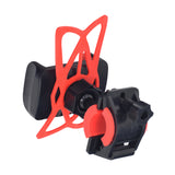 Universal Smartphone Holder for Bikes & Scooters: A close-up of a black and red device clamp designed to securely mount various handheld devices on bike or scooter handlebars.