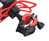 Universal Smartphone Holder for Bikes & Scooters, shown as a close-up of a black and red clamp with a red handle, designed to securely mount various handheld devices on handlebars.