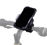 Universal Smartphone Holder for Bikes & Scooters mounted on a bike handlebar, securely holding a phone, illustrating its fit for various devices like iPhones, Samsung Galaxy, GPS units, and MP3 players.