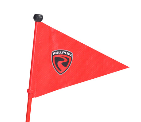 Safety Flag & Pole for the Rollplay Nighthawk, featuring a red triangular flag with a black logo, mounted on a 59 pole, designed to enhance visibility for low-profile ride-on toys.