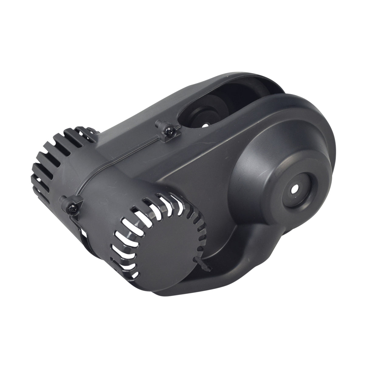 Chain Guard for the Rollplay Nighthawk: A black plastic object with a round cap, designed to protect the chain, drive sprocket, rear drive wheel, and electric motor.