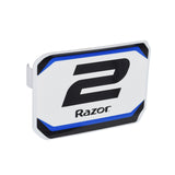 Number Plate for the Razor MX125 Dirt Rocket, featuring a sleek black and blue design with a prominent logo, designed to snap onto the front steering posts above the front fender for a stylish look.