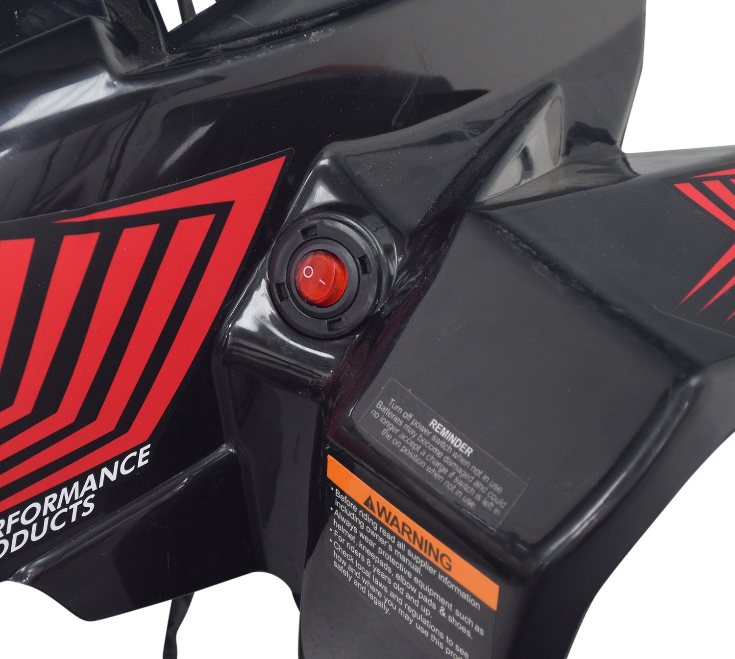 Full Body Panel Shroud for the Pulse ATV Quad Ride-On featuring a red power button, faux gas cap, logo, and external stickers on a black surface.