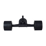 Front Axle, Truck, & Wheel Assembly for the Rollplay Nighthawk, featuring a black plastic truck with attached wheels, visible axle, and rubber tires, designed for seamless integration into the Nighthawk.