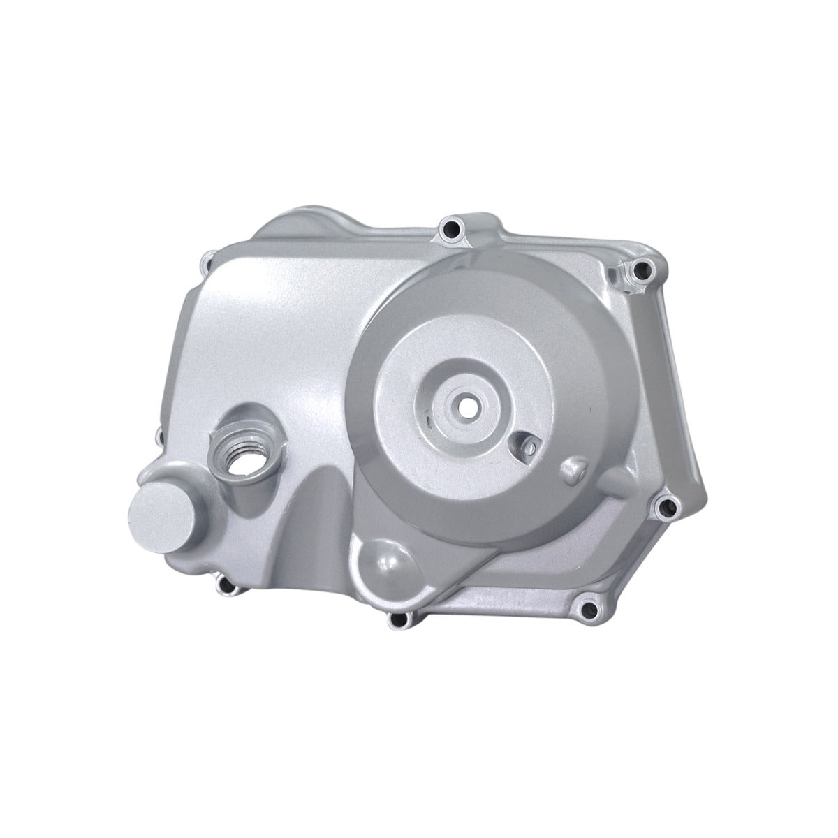 Silver Right Side Engine Cover for TaoTao ATK125A, GK110, & Jeep Auto Go-Karts, featuring holes and a central clutch area hole, designed for automatic and reverse gear go-karts.