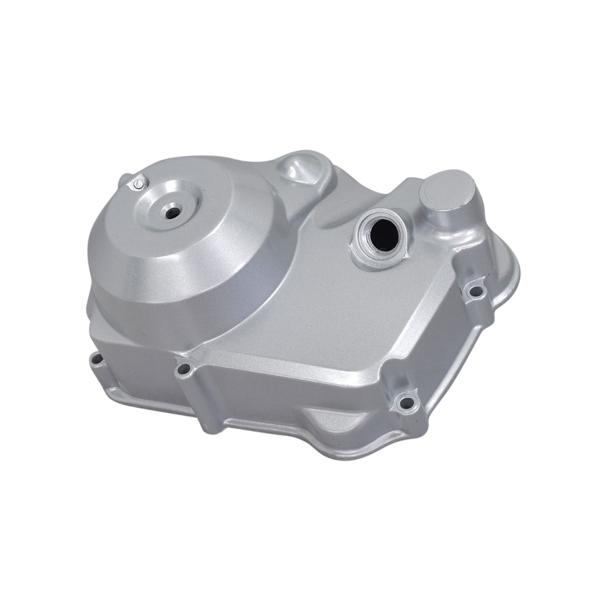 Silver Right Side Engine Cover for TaoTao ATK125A, GK110, & Jeep Auto Go-Karts, featuring a metal surface with multiple holes and a central opening for the clutch area.