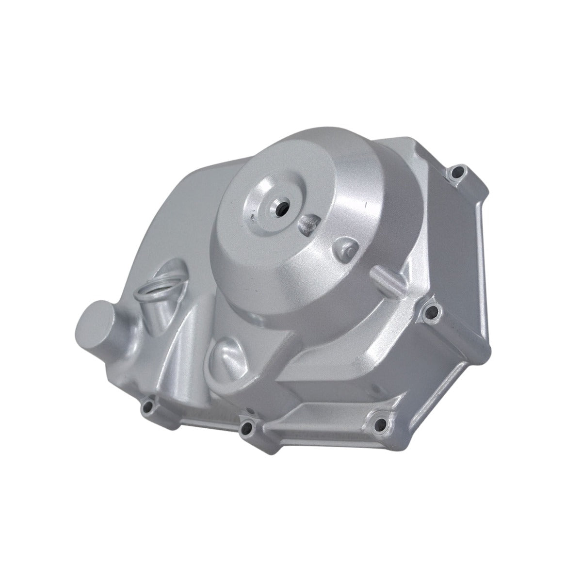 Silver Right Side Engine Cover for TaoTao ATK125A, GK110, & Jeep Auto Go-Karts, featuring a silver metal surface with multiple holes, designed to fit the clutch area for automatic and reverse gear models.