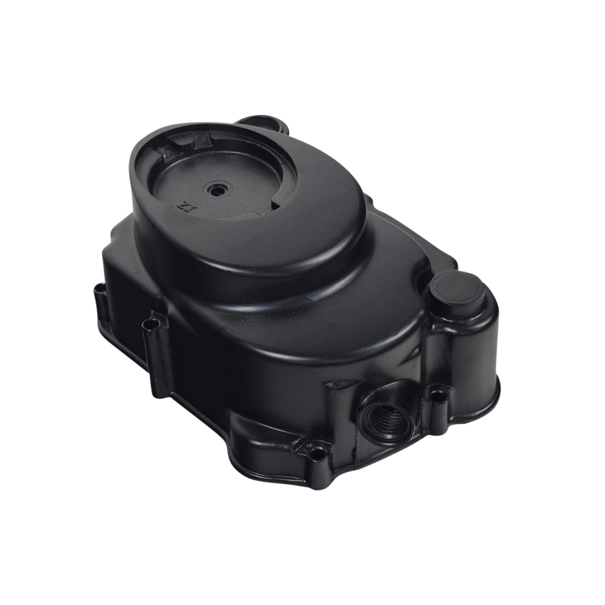 Right Side Engine Cover for the TaoTao ATK125A, GK110, & Jeep Auto Go-Karts (Version 12), black plastic with a central round hole for clutch, overall length of 9.45 inches.