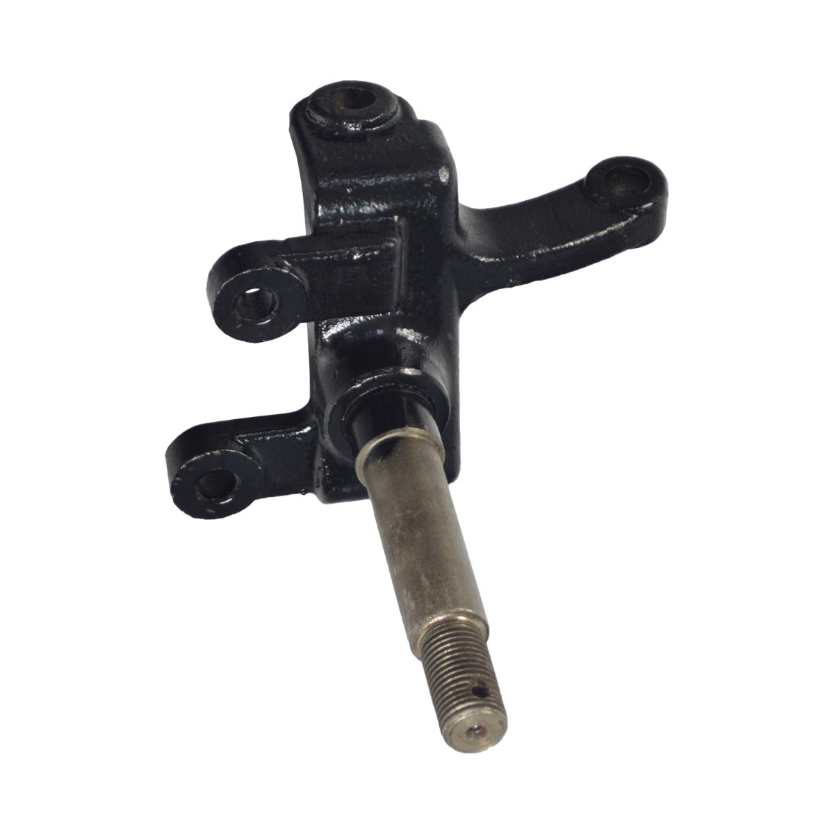 Steering Spindle for TaoTao ATK125A & Jeep Auto Go-Karts: close-up of a black metal object with a metal rod, a threaded shaft end, and cotter pin holes, essential for front suspension.