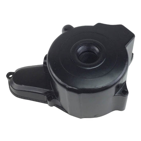 Left Side Engine Cover for TaoTao ATVs, featuring a black plastic design with a central hole, suitable for 110cc to 125cc engines.