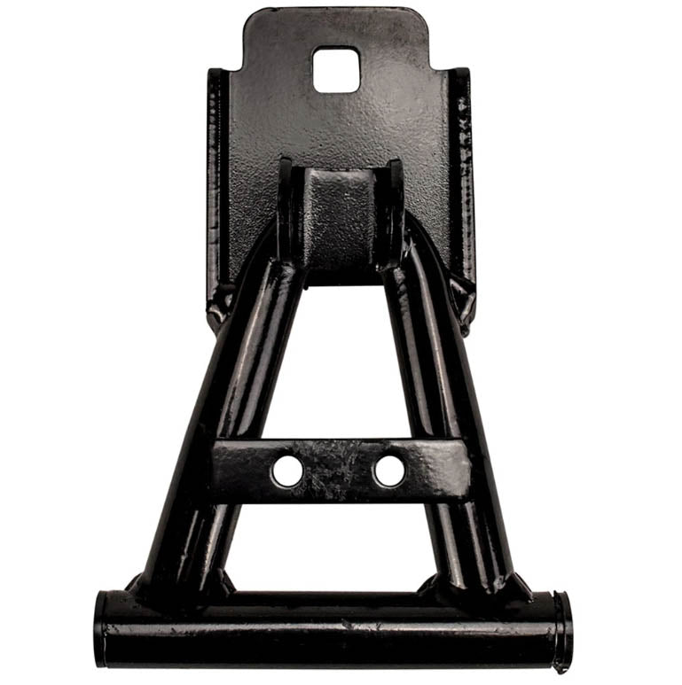 Lower A-Arm for the TaoTao GK110 Go-Kart, a black metal object with holes, featuring bushings and spacer, essential for the steering and suspension system.