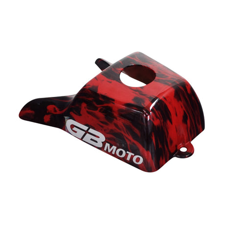 Fuel Tank Cover for the Fit Right DB003 40cc 4-Stroke Mini Bike, featuring a hard plastic shroud with distinctive black and red flame finish, and two 3/8 mounting holes for secure attachment.