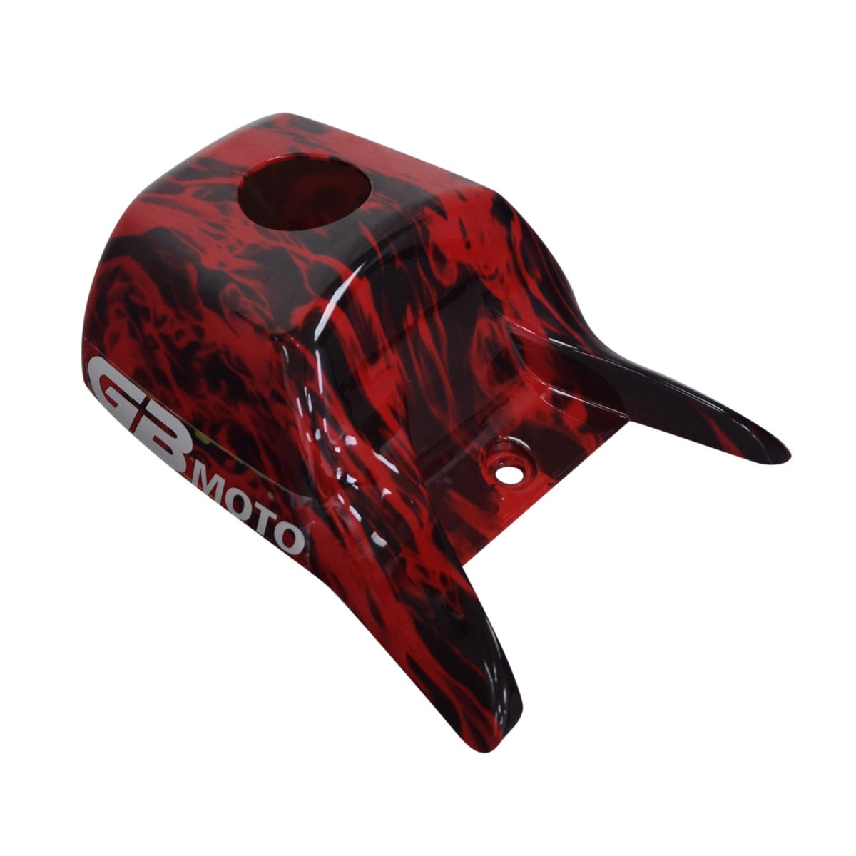 Fuel Tank Cover for the Fit Right DB003 40cc 4-Stroke Mini Bike, showing a red and black flame finish, designed to protect the bike's steel fuel tank with front and rear mounting holes.