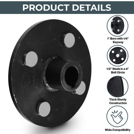 Heavy-Duty Rear Wheel Hub with 1 Bore for Go-Karts, featuring a black metal cylinder with holes, screws, and white text. A hand points at a component, highlighting its sturdy construction and compatibility.