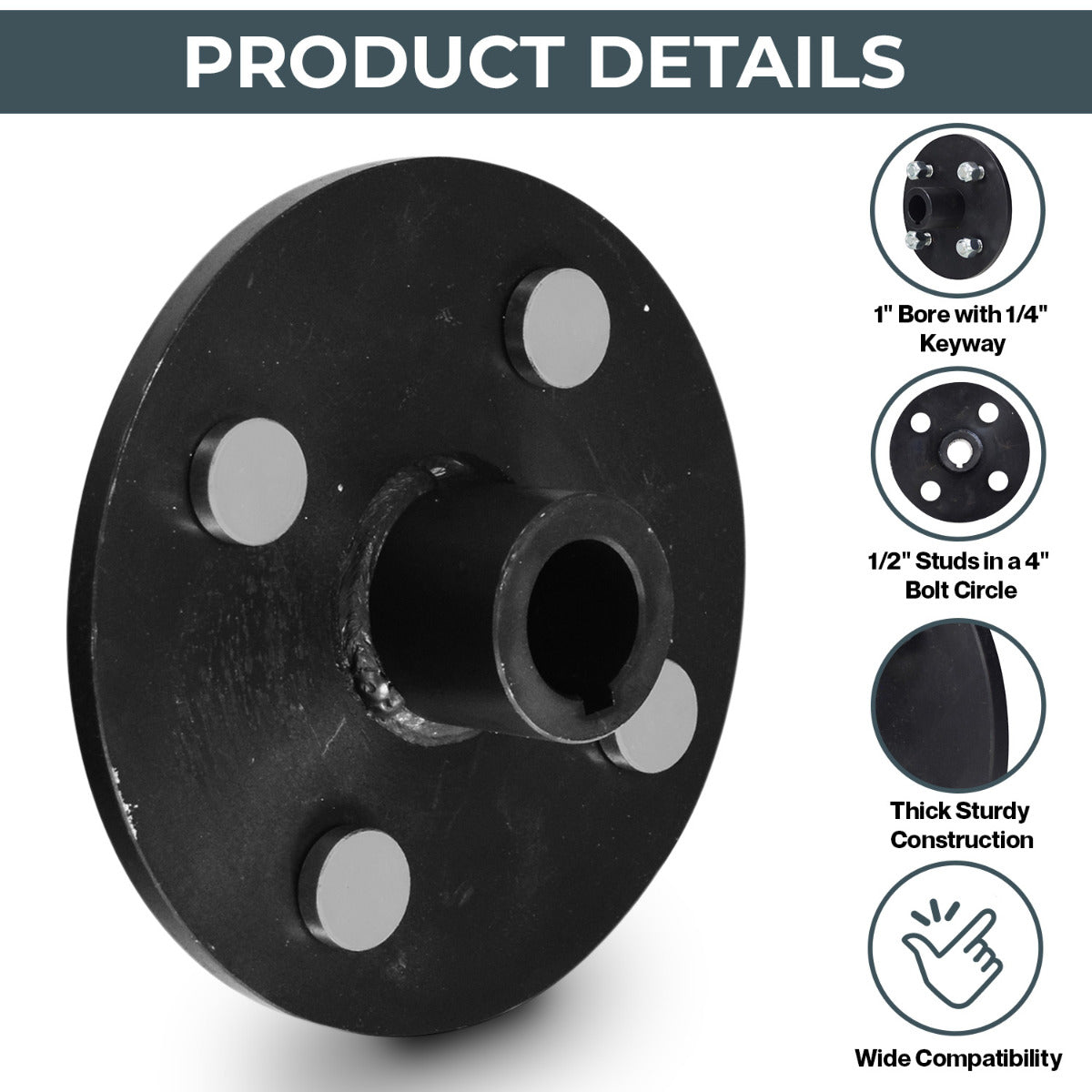 Heavy-Duty Rear Wheel Hub with 1 Bore for Go-Karts (Blemished) showing a black metal cylinder with holes, white text, and silver dots, designed for robust performance and compatibility with custom-built offroad go-karts.