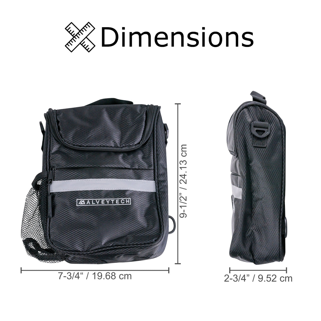 Insulated Handlebar Bag with Rain Cover & Carrying Strap for Bikes & Scooters, featuring multiple zippered compartments, a mesh pouch, and reflective safety tape, shown with size measurements and close-up details.