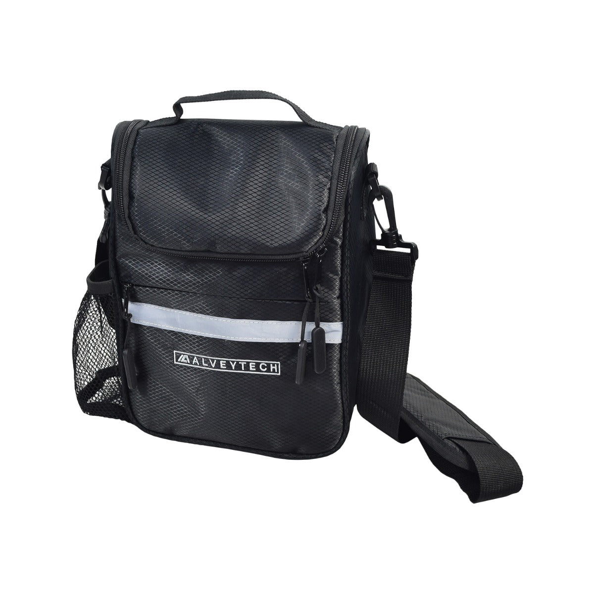 Insulated Handlebar Bag with Rain Cover & Carrying Strap for Bikes & Scooters, featuring a black nylon exterior, multiple zippered compartments, a mesh side pocket, and secure hook & loop straps for attachment.