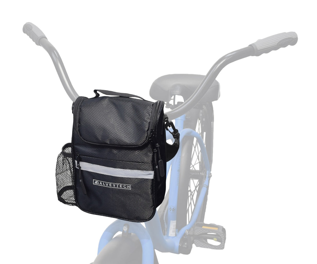 Insulated Handlebar Bag with Rain Cover & Carrying Strap for Bikes & Scooters attached to a blue bicycle handlebar, featuring multiple compartments, mesh side pocket, and reflective safety tape.