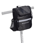 Insulated Handlebar Bag with Rain Cover & Carrying Strap for Bikes & Scooters attached to a handlebar, featuring a zippered front compartment, side mesh pocket, and reflective safety tape.