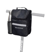 Insulated Handlebar Bag with Rain Cover & Carrying Strap for Bikes & Scooters, attached to handlebars, featuring a zippered top, front compartment, side mesh pouch with silver bottle, and reflective safety tape.