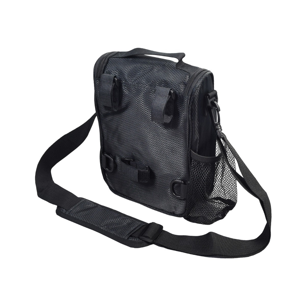 Insulated Handlebar Bag with Rain Cover & Carrying Strap for Bikes & Scooters, showing a black bag with a mesh pocket, multiple straps, and a shoulder strap attachment.