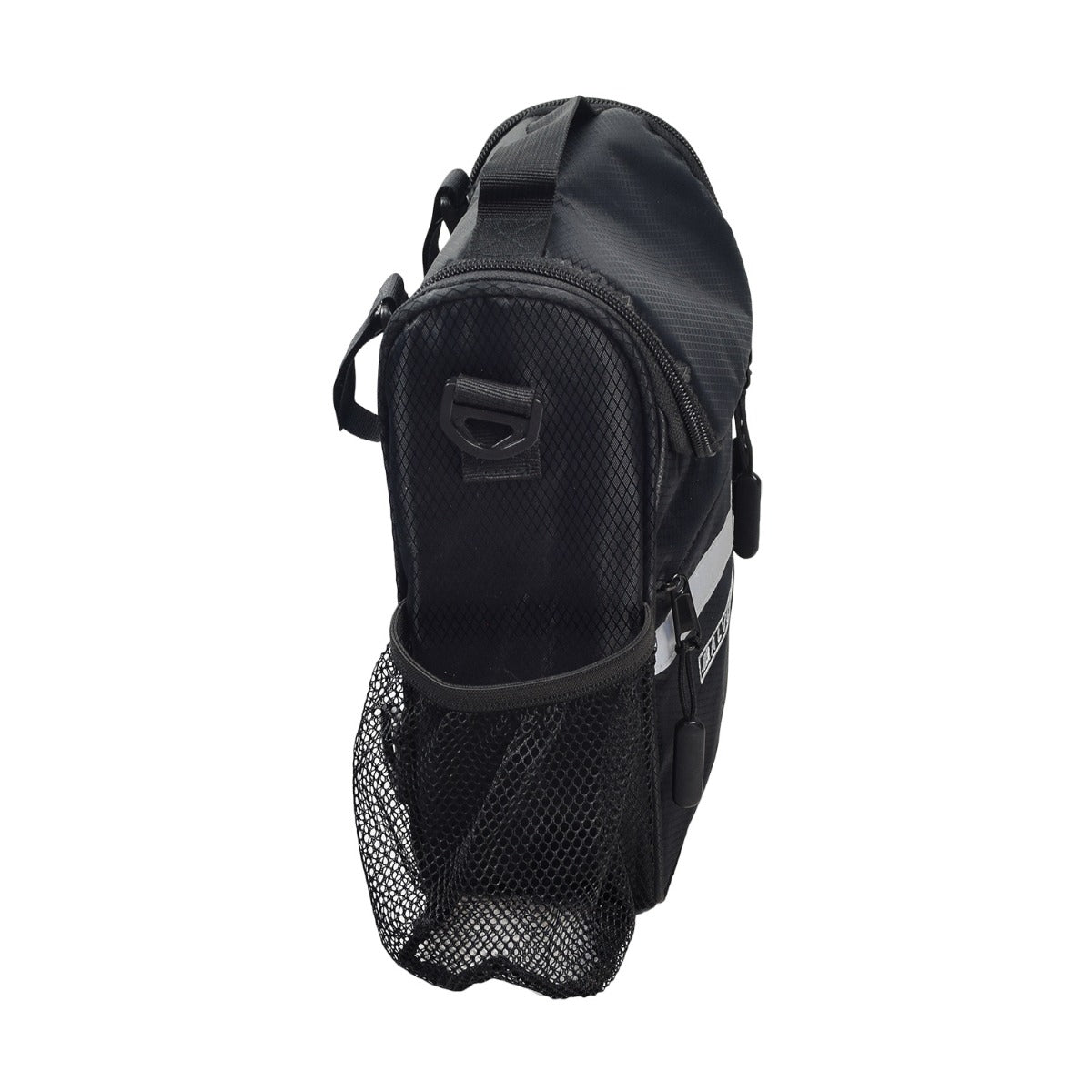 Insulated Handlebar Bag with Rain Cover & Carrying Strap for Bikes & Scooters, featuring a black nylon exterior, mesh side pocket, zippered compartments, and hook & loop straps for secure attachment.