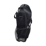 Insulated Handlebar Bag with Rain Cover & Carrying Strap for Bikes & Scooters, featuring a black nylon exterior, mesh side pocket, zippered compartments, and hook & loop straps for secure attachment.