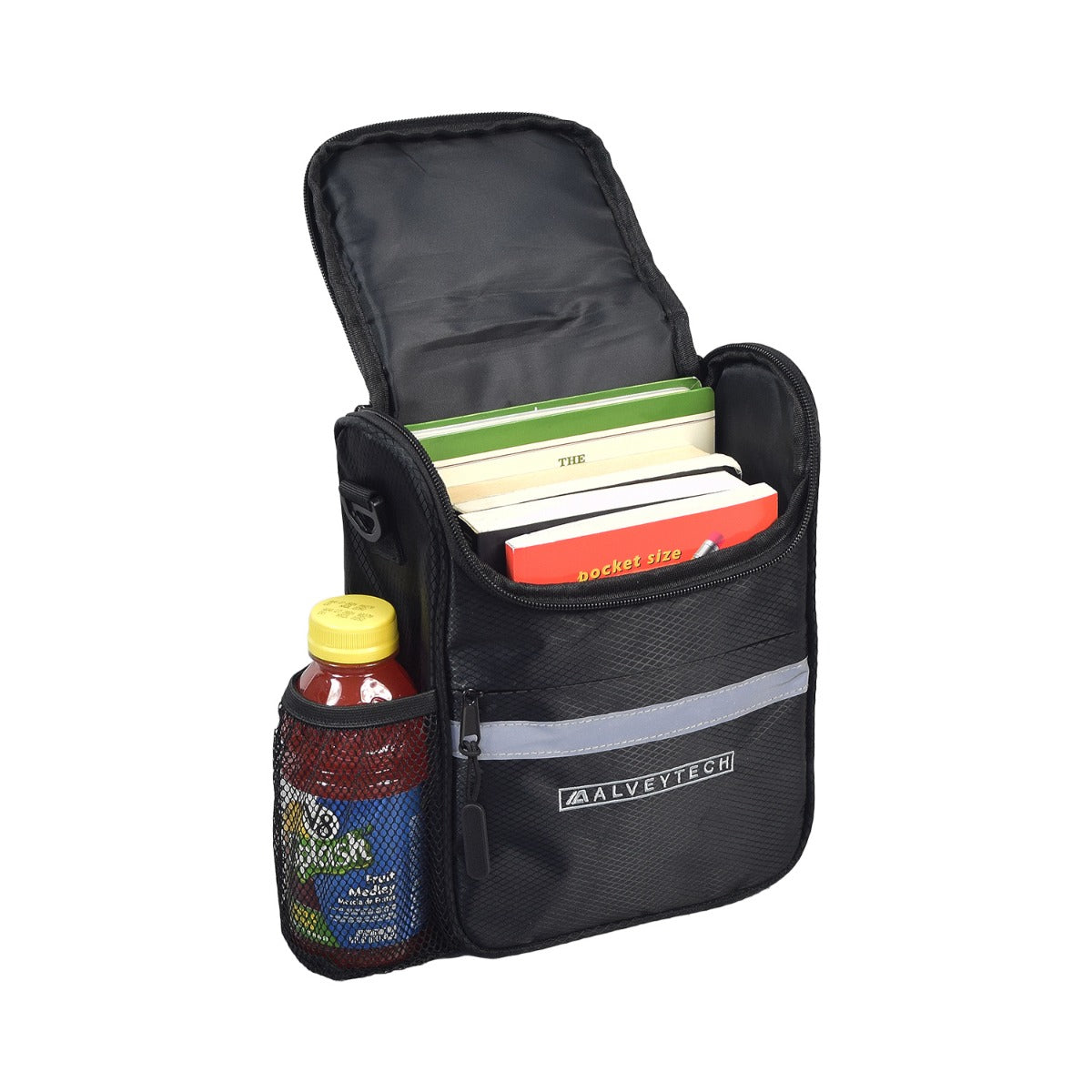 Insulated Handlebar Bag with Rain Cover & Carrying Strap for Bikes & Scooters, featuring books and a bottle of juice inside, emphasizing its ample storage and practical design for riders.