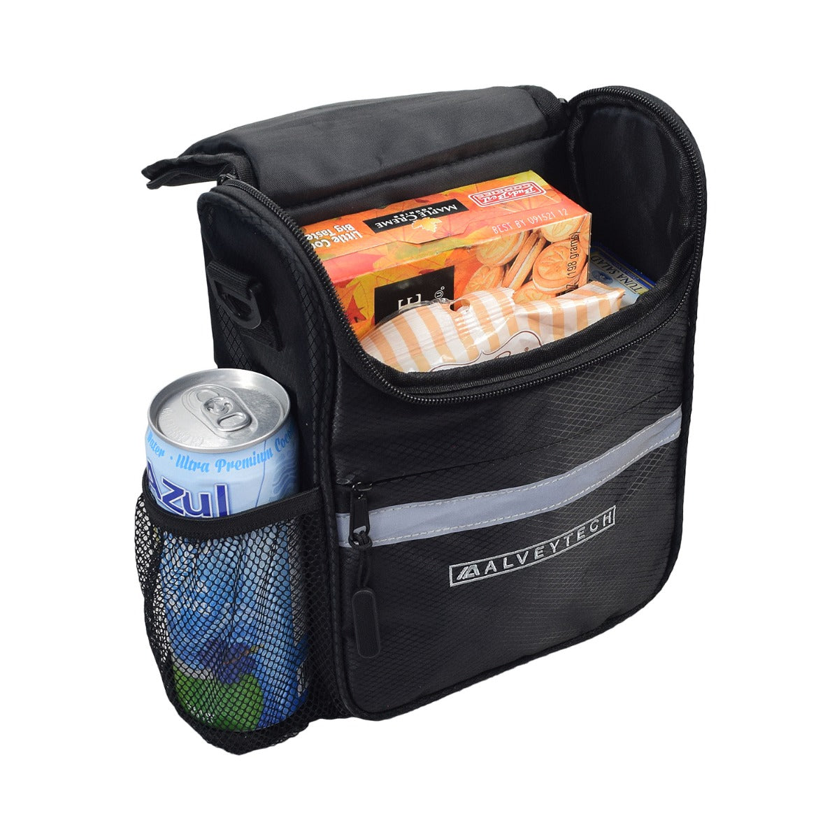 Insulated Handlebar Bag with Rain Cover & Carrying Strap for Bikes & Scooters filled with food items, including a package of cookies and a drink can, demonstrating its ample storage capacity.