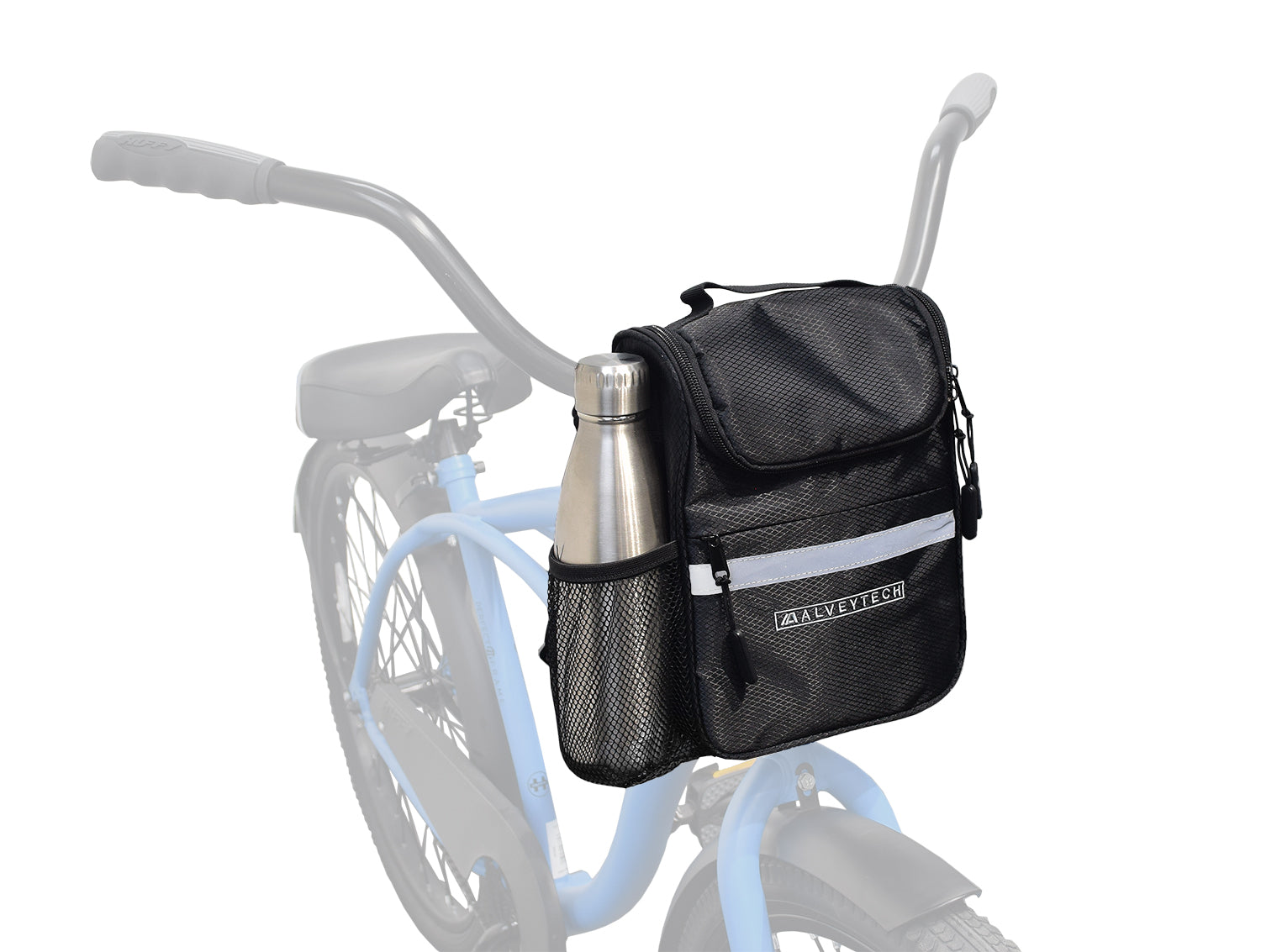 Insulated Handlebar Bag with Rain Cover & Carrying Strap for Bikes & Scooters, shown attached to a blue bicycle handlebar, containing a silver flask, featuring multiple zippered compartments and a mesh pouch.