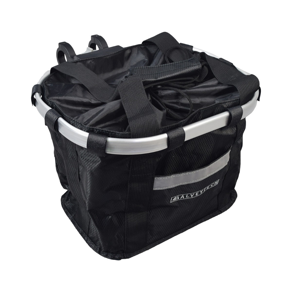 Lift Off Front Basket for Bikes & Scooters featuring a sturdy black and silver design, secure handlebar attachment, drawstring and flap enclosure, and a web hand strap for easy carrying.