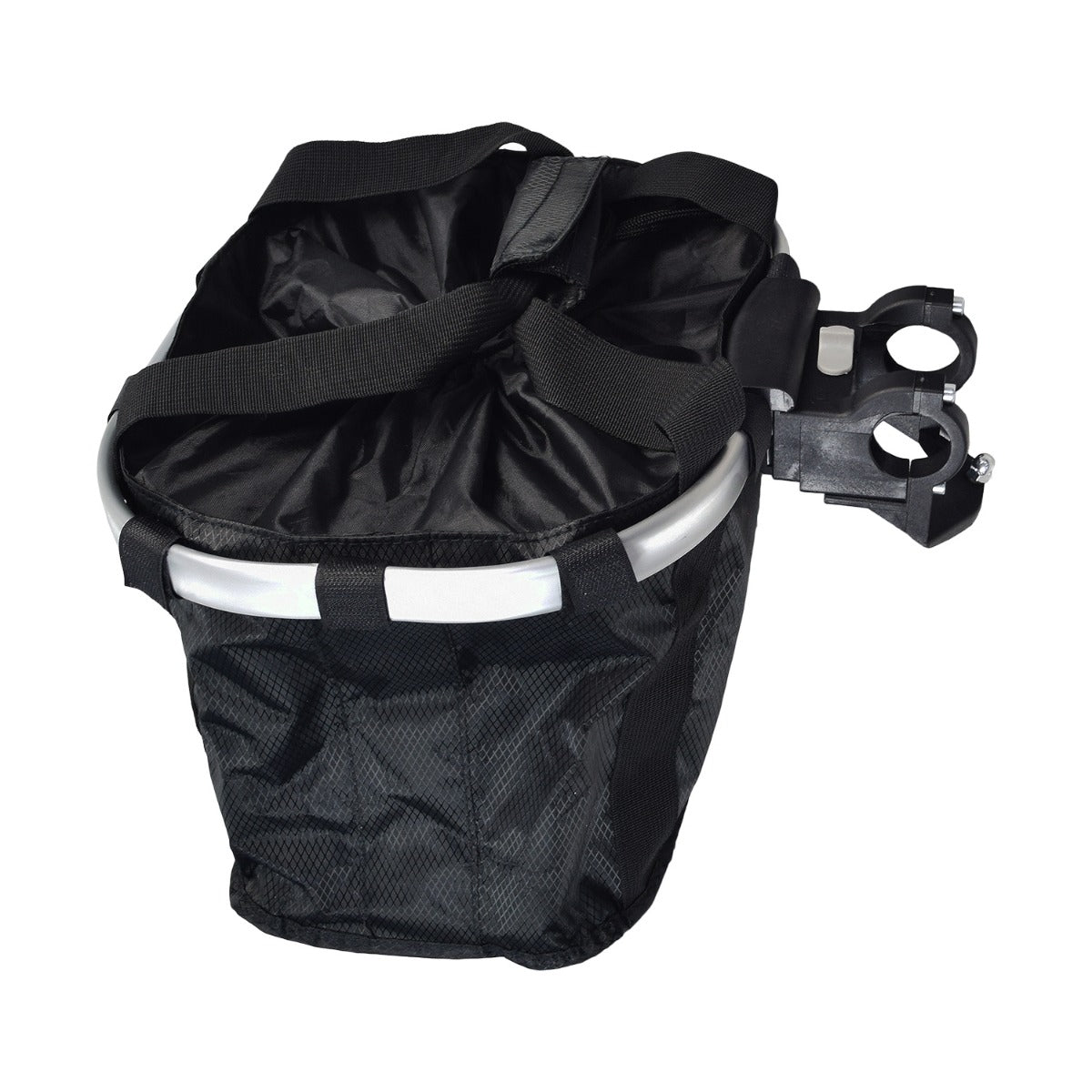 Lift Off Front Basket for Bikes & Scooters: A sturdy black and white basket with a handle, featuring a drawstring and flap enclosure for secure storage, perfect for carrying light cargo on commutes.