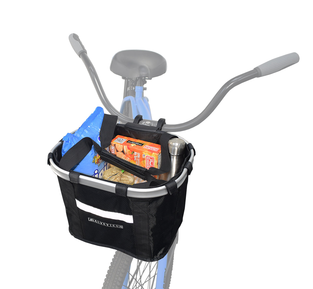 Lift Off Front Basket for Bikes & Scooters attached to a bicycle handlebar, featuring a durable alloy rim, quick-release bracket, and a drawstring flap enclosure.