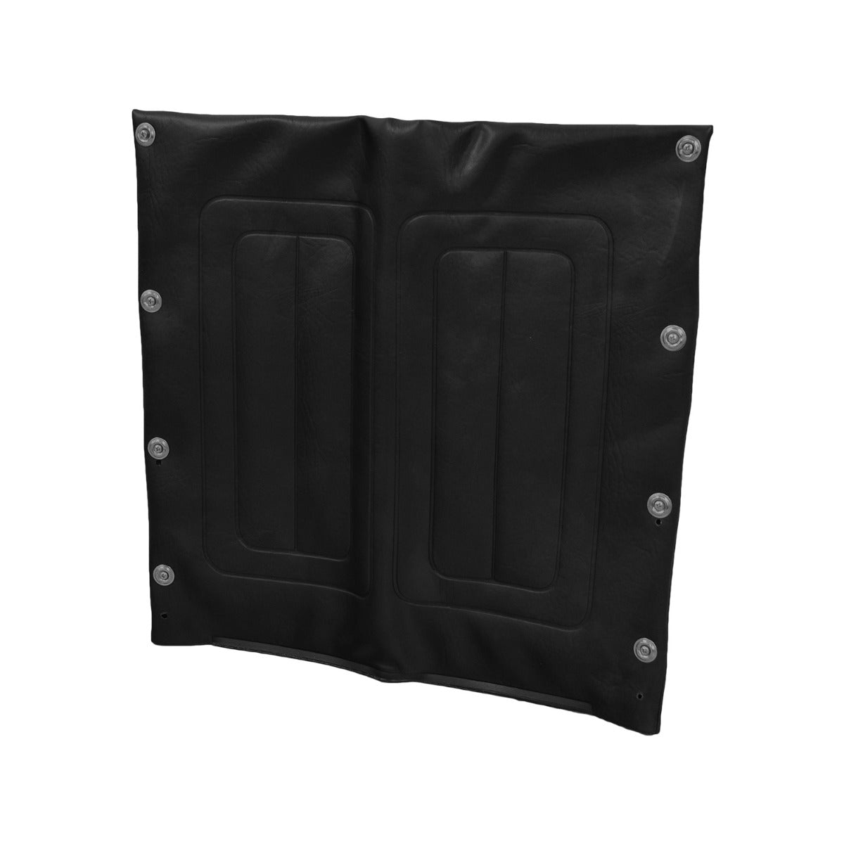 18W x 18H Vinyl Seat Back for Wheelchairs: Close-up of a black leather-like surface with metal rivets, showcasing the durable and easy-to-clean material used in aftermarket replacement wheelchair seat backs.