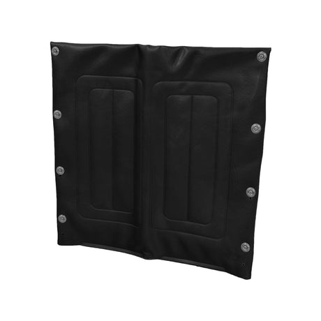 18W x 18H Vinyl Seat Back for Wheelchairs: Close-up of a black leather-like surface with metal rivets, showcasing the durable and easy-to-clean material used in aftermarket replacement wheelchair seat backs.