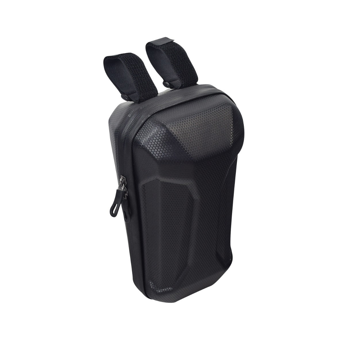 Front Hardshell Handlebar Case for Electric Scooters with two Velcro straps, zipper closure, and rigid EVA material, designed for mounting on scooter handlebars.