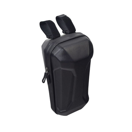 Front Handlebar Case for GOTRAX Electric Scooters, black with Velcro straps, suitable for carrying essentials like a water bottle and wallet, mounted on the handlebar with three Velcro straps and buckles.