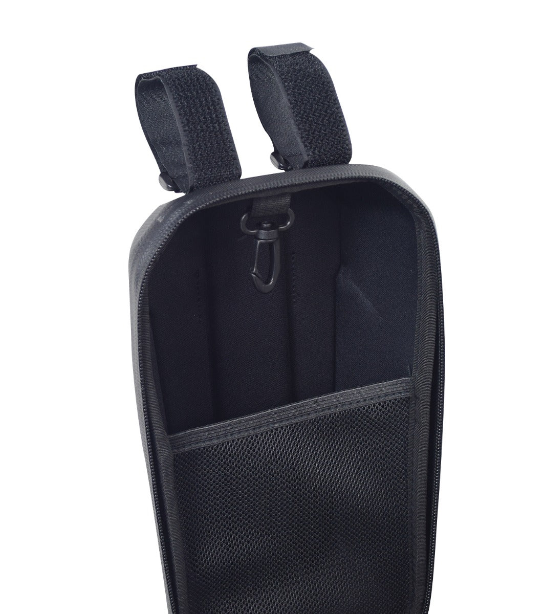 Front Hardshell Handlebar Case for Electric Scooters: Black, weatherproof EVA material, zipper closure, secured with Velcro straps, suitable for carrying essentials like water bottles and sunglasses, attaches to handlebars.