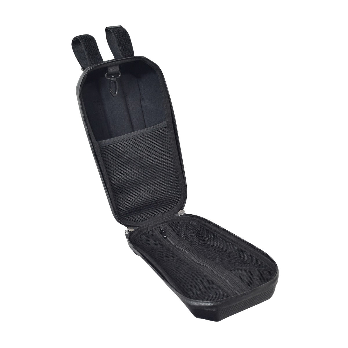 Front Hardshell Handlebar Case for Electric Scooters, featuring a durable black design with a zipper, Velcro straps, and internal mesh pocket for essentials like a water bottle and sunglasses.