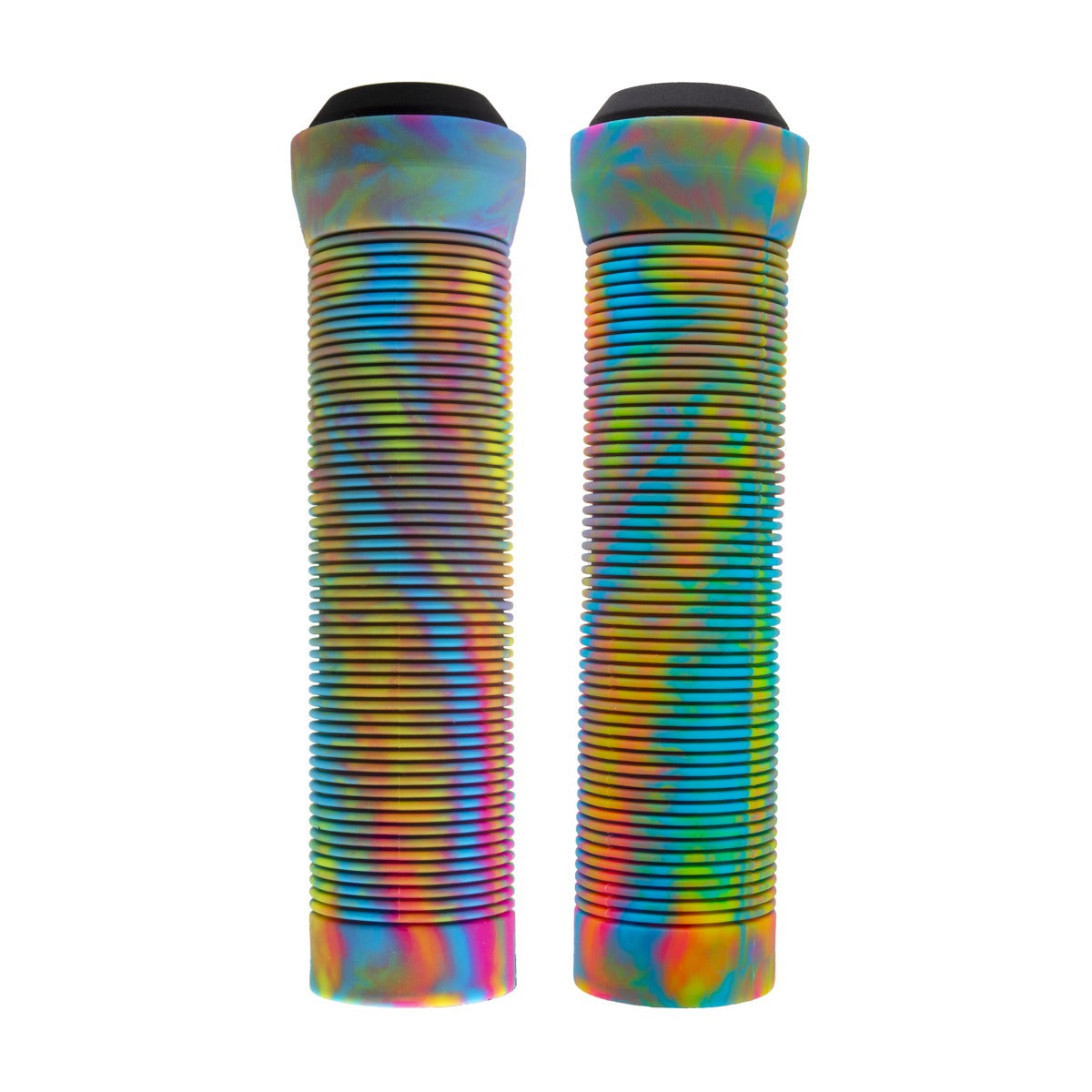 125 mm Rainbow Swirl Handlebar Grips for Bikes & Scooters, featuring bright rainbow swirls, low ramped flange, and micro-ribbed texture, providing a positive grip and supple feel.