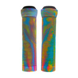 125 mm Rainbow Swirl Handlebar Grips for Bikes & Scooters, featuring bright rainbow swirls, low ramped flange, and micro-ribbed texture, providing a positive grip and supple feel.