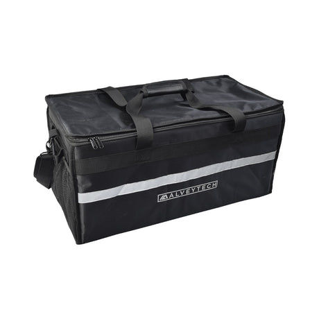 Rear Cargo Rack Insulated Bag for the Coleman KT196 Go-Kart, featuring a black design with a white stripe, sturdy handle, steel zippers, and reflective safety tape for enhanced visibility.