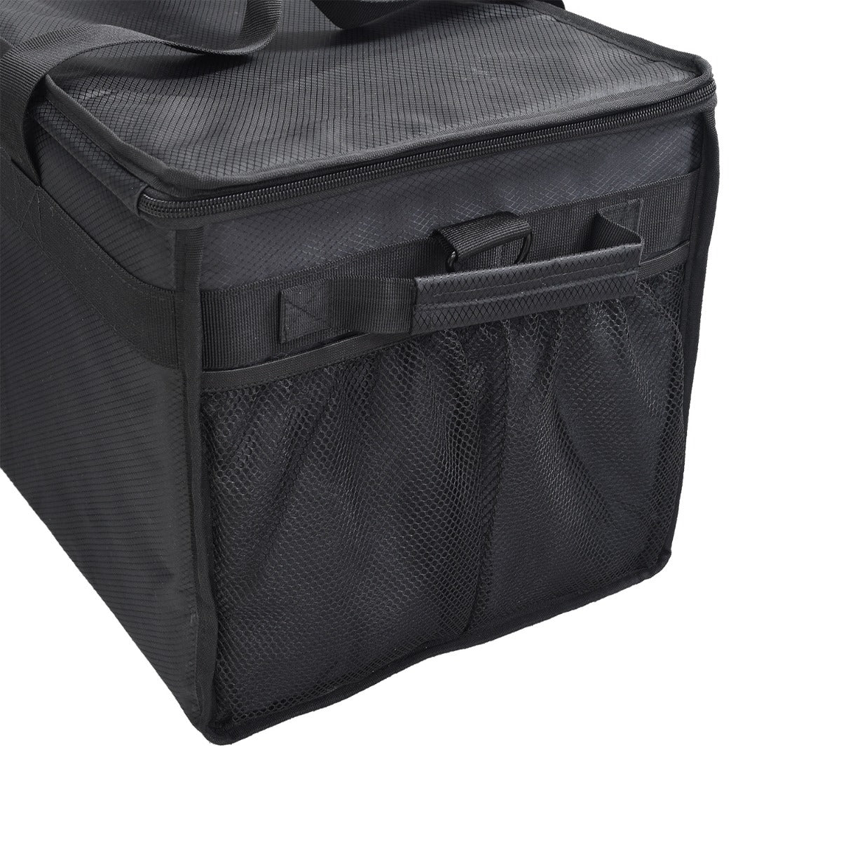 Rear Cargo Rack Insulated Bag for the Coleman KT196 Go-Kart, showing strong ripstop nylon fabric, web mesh, steel zippers, and hook & loop straps, with reflective tape and a carrying handle.