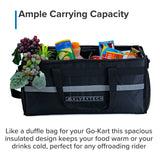 Rear Cargo Rack Insulated Bag for the Coleman KT196 Go-Kart, filled with various foods and snacks, showcasing its large carrying capacity and practicality for offroad adventures.